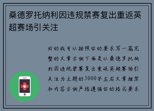 桑德罗托纳利因违规禁赛复出重返英超赛场引关注 桑德罗托纳利因违规禁赛复出重返英超赛场引关注