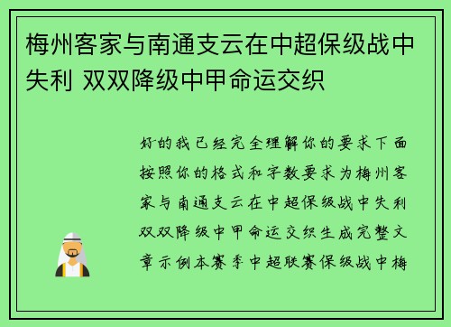 梅州客家与南通支云在中超保级战中失利 双双降级中甲命运交织 梅州客家与南通支云在中超保级战中失利 双双降级中甲命运交织